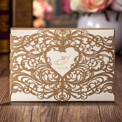 100Pcs Laser Cut Wedding Invitations Cards Hollow Heart Design Gold Invites Cards for Bridal Shower Birthday Graduation CW5018
