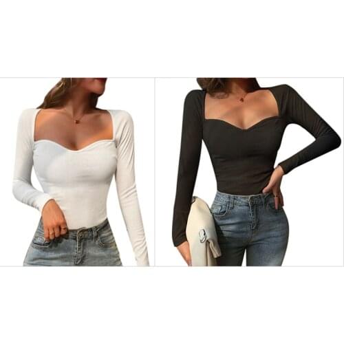 2PCS Womens Sexy Slim Square Collar Long Sleeve Chest Top T-Shirt Female, White M Size & Black L Size