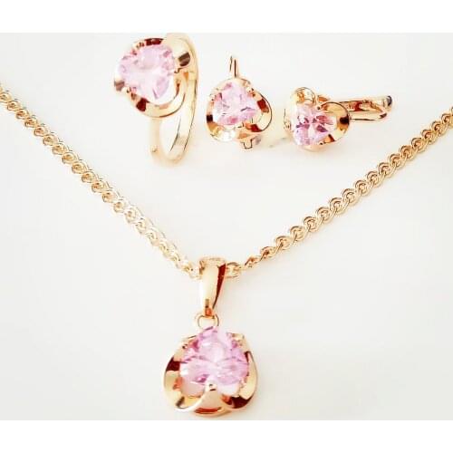 2021 Korean Jewelry Sets Trend New Fashion 585 Gold Color Jewelry Heart Shape Pink Stone Earring Jewelry Sets for Women