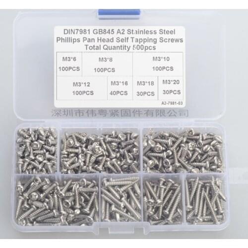 Free shipping 500 pcs 304 stainless steel m3 cross countersunk flat head self tapping screw sets