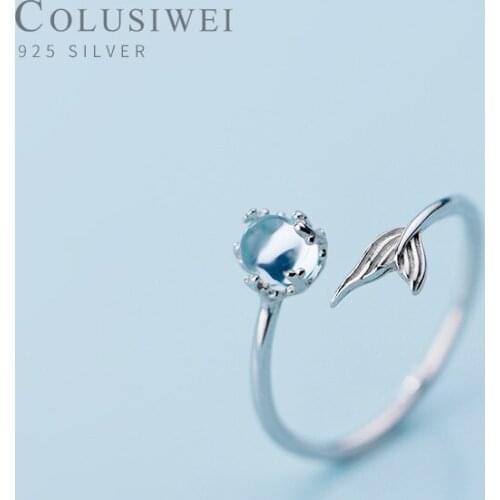 COLUSIWEI Blue Crystal Mermaid Tail Ring for Women Fashion Genuine 925 Sterling Silver Open Adjustable Finger Rings Fine Jewelry