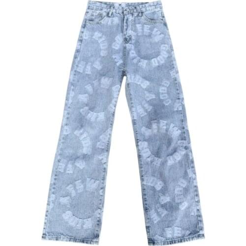 New Trend Retro Washed Jeans Mens and Womens Trousers Ins Lletter Jacquard Casual Loose Wide-Leg Straight-Leg Pants