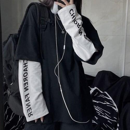 QWEEK Harajuku Letter Print Patchwork T-shirt Couple Streetwear Korean Fashion Long Sleeve White Top Tee Alt Clothes 2021 Autumn