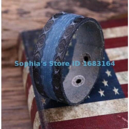 G84 Blue Retro Texture Embossed Top Grain Cow Leather Wristband Bracelet Cuff Mens