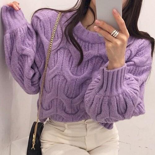 Korea Chic Autumn and Winter New French Style Lazy Purple Loose Round Neck Thick Hedging Twist Knitted Sweater Women