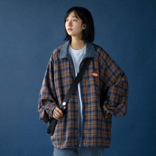 Women wearing plaid jackets on both sides 2021 new spring and autumn Korean loose ins cool jacket Joker couple jacket