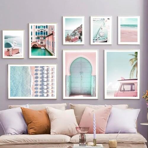 Amalfi Coast Church Pink Beach Retro Car Wall Art Canvas Painting Nordic Posters And Prints Wall Pictures For Living Room Decor