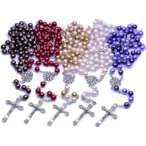 QIGO Catholic Jewelry Cross Pearl Rosary Necklace For Women Long Strand Necklace