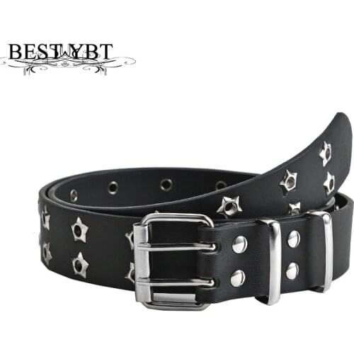 Best YBT Imitation Leather Womens Belt Alloy Double Pin Buckle Belt New Star Hole Decoration Fashion Punk Style Belts For Jeans
