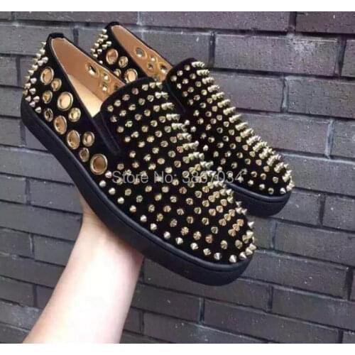 SHOOEGLE Zapatillas Hombre Men Shoes Golden-Rivets Studs Loafers Breathable Flats Slip On Spiked Shoes Casual Shoes Men EUR 46