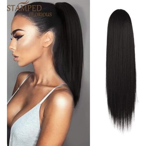 Stamped Glorious Straight Clip in Ponytail Extension Synthetic High Temperature Wrap Around Magic Paste Ponytail Hairpiece