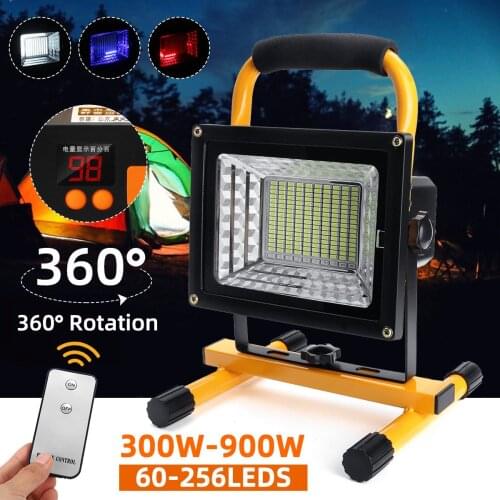 300W-900W LED Floodlight Portable Rechargeable Waterproof Spotlight Battery Powered Digital Searchlight Outdoor Camping Lamp