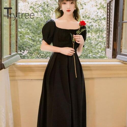 Trytree 2020 Summer Woman Casual Dress Square Collar Elegant Solid A-line Vintage Fashion Temperament Black Mid-Calf Dress