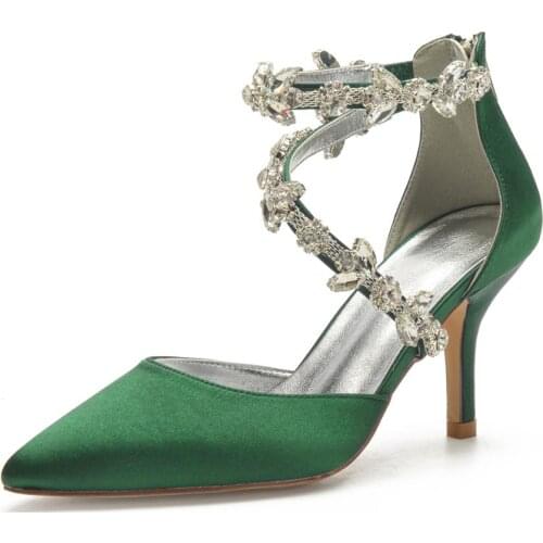 Ladys Pointed toe D'orsay satin evening dress shoes with twisted strap diamonds crystal bridal wedding party prom club sandals