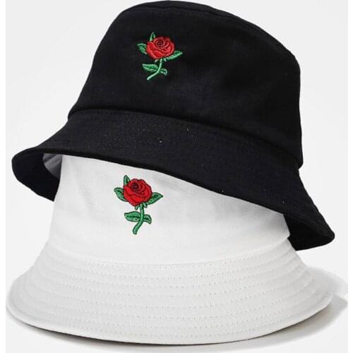 Unisex Rose Embroidery Print Girl Fisherman Hat Women Foldable Creative Outdoor Fashion Basin Cap Bucket Sun Hat Beanies #Y