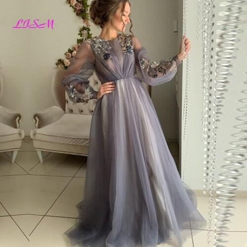 Gray Arabic Dubai Evening Dresses O-Neck Long Sleeves Prom Gowns Flowers Tulle A-Line Party Dress Mother of Bride Dress