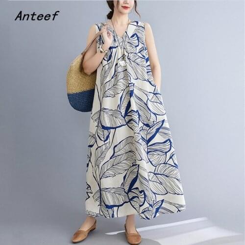 Sleeveless cotton vintage floral dresses for women casual loose long woman summer dress elegant clothes 2021 sundress