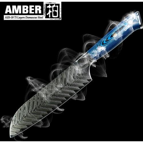 Amber comfortable Santoku Knife AUS-10 73 Layers Damascus Steel Kitchen Knife Envrioment Pakka Bella Wood Handle Jananese Knife