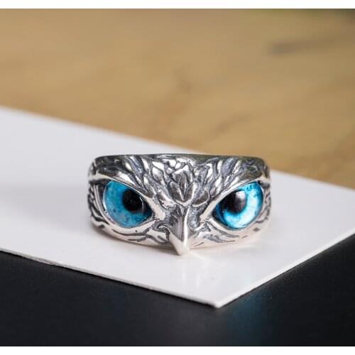 VLA Retro Punk Exaggerated Blue Eye Owl Ring Womens 925 Sterling Silver Personalized Bird Ring Adjustable Jewelry