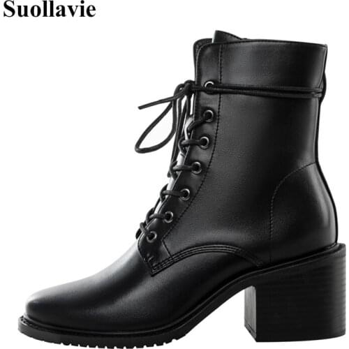 Suollavie 2020 New Women Shoes Chelsea Ankle Boots Round Toe Female High Heel hot Dress ladies botas Cross-tied zapatos de mujer