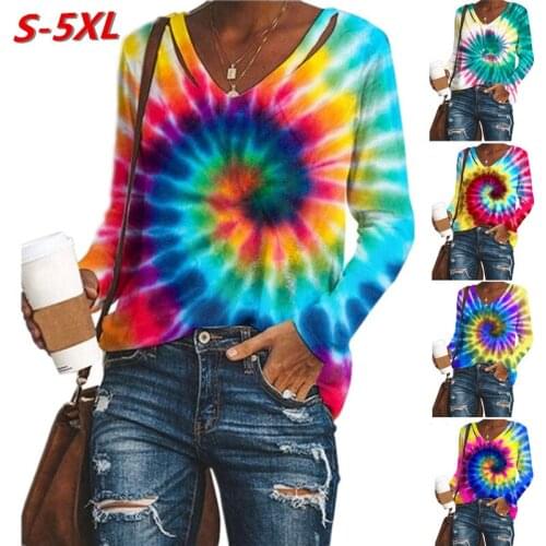 Womens T-shirts fashion tshirts harajuku ropa mujer Womens V-neck Tie-Dye Printed Loose Top t shirt dropshipping LDM200726