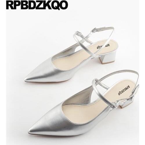 Female Block Heels Slingback Silver 2017 Medium Thick Ladies Ankle Strap Size 4 34 Summer Patent Leather Pointed Toe High China
