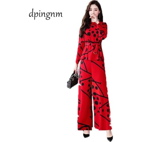 Women Casual Sets Red O Neck Three Quarter Blouse Tops + Black Elastic Waist Long Pants Suit