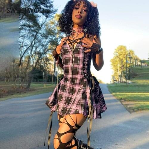 Goth Black Plaid Dress Y2K Academia Bandage A Line Dress Harajuku Streetwear High Waist Sexy Backless Mini Dress