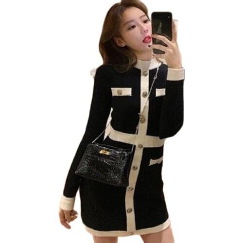 Women Knitted Sheath Dress Autumn Office Lady Bodycon Dress Casual Winter Elastic O Neck Long Sleeve Button Retro Sweater Dress