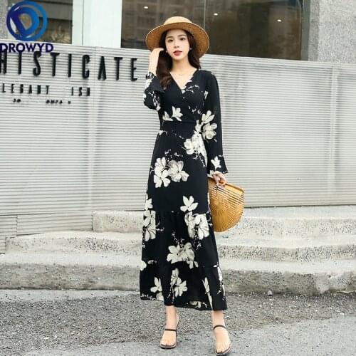 Fashion Hot Sale Ladies Long Sleeve Evening Party Maxi Dress Summer Retro Boho Print Floral Long Dresses Women V-neck Vestidos