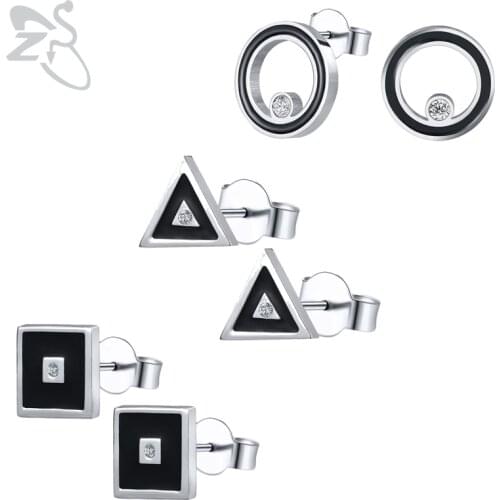 ZS Punk Rock Stud Earrings Stainless Steel Jewelry Round Square Triangle Gothic Mens Earring Hip Hop Male Earrings