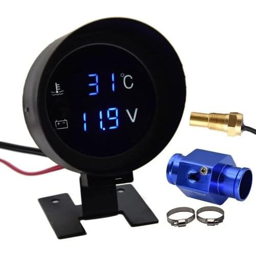Car Digital Led Water Temperature Gauge -10-110 Celsius With Water Temp Joint Pipe Sensor 10MM Adapter 1/8NPT Voltmeter 2 IN 1