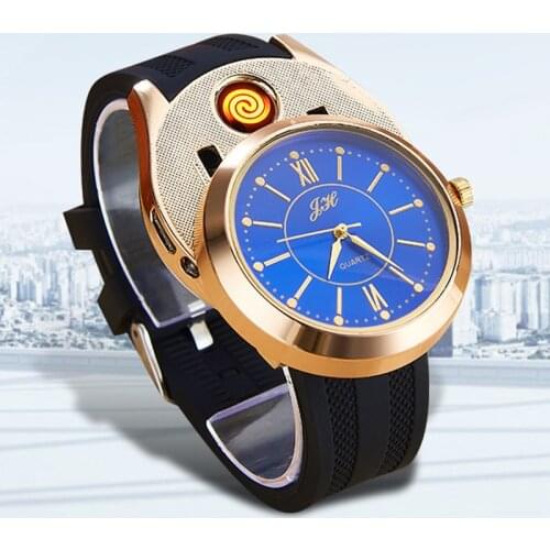 Fashion Mens Watches Windproof Cigarette Lighter USB Charging Watch Lighter Mens Leather Band Quartz Watches Relogio Masculino