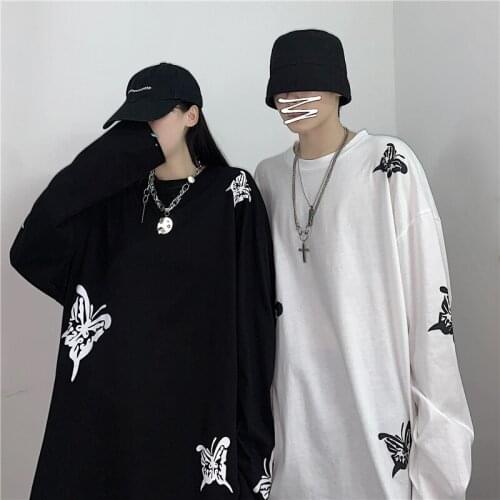 Maxxo Punk Hip Hop Butterfly Animal Print Long Sleeve TShirt Female Clothes Gothic Emo Tops Kpop Couple Tee Lgbt Tops Streetwear