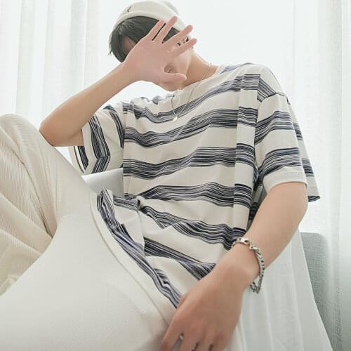 Summer Male T Shirt Oversized Casual Thin Striped Short Sleeve O Neck Korean Style Fashion Harajuku Cool Cotton Men Clothing