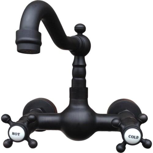 Black Oil Rubbed Antique Brass Bathroom Kitchen Sink Basin Faucet Mixer Tap Swivel Spout Wall Mounted Dual Cross Handles mnf524