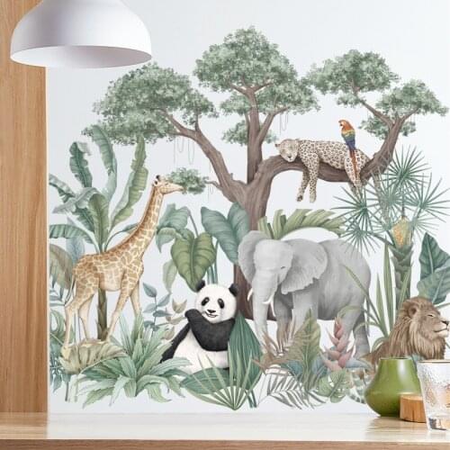 Cute Large 3D Tropical Rainforest Plant Wall Sticker Elephant Giraffe Lion Stickers for Living Room Baby Nursery Home Decor