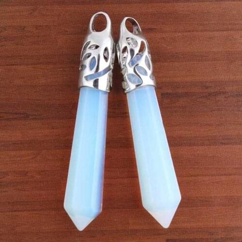 Trendy-beads Simple Style Silver Plated Opalite Opal Hexagon Prism Pendant Fashion Jewelry