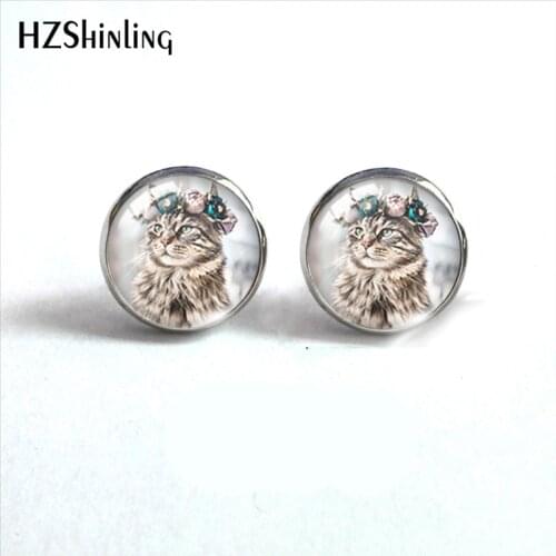 2020 New Cute Flower Cat Stud Earring Lovely Animal Earrings Handmade Round Glass Dome Art Photo Jewelry Gifts Girl