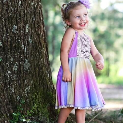 Newest arrival Kids Sundress Girls Lace Floral Round Neck Sleeveless Dress Halterneck for Summer Purple 2-7 Years