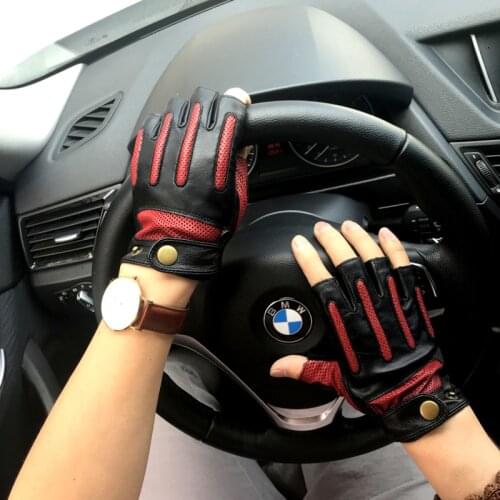 Mens Leather Gloves Hole Button Breathable Goat Genuine Leather Mittens NEW Fashion Summer Men Driving Gloves Half Finger Gloves