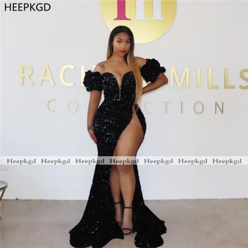 Sexy Black Sequins Mermaid Prom Dresses Off The Shoulder High Slit 2021 Black Girls Graduation Party Prom Gowns Custom Made