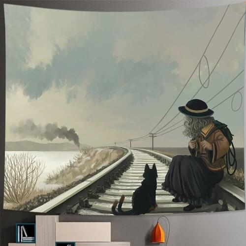 Boho Room Decor Hanging Cloth Girl on train tracks cat Tapestry Home Decoration Wall Hanging Background Hippie Tapestries