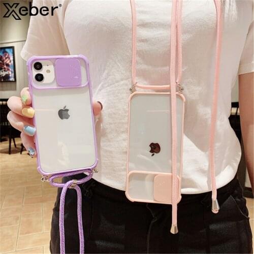 Camera Lens Slide Push Cover For iPhone 11 12 Pro Max X XR XS 8 7 Plus Mini SE Crossbody Necklace Lanyard Clear Shockproof Case