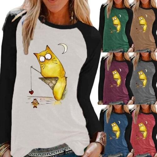 Autumn/Winter Fashion Ladies Cartoon Printing Loose Casual Shirt Plus Size Women Clothing Long Sleeve Round Neck Pullover Tops