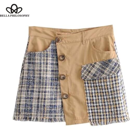 Stylish Plaid Patchwork Tweed Mini Skirt Women 2019 Fashion A Line Pockets Tassel Ladies Skirts Casual Mujer Heydress