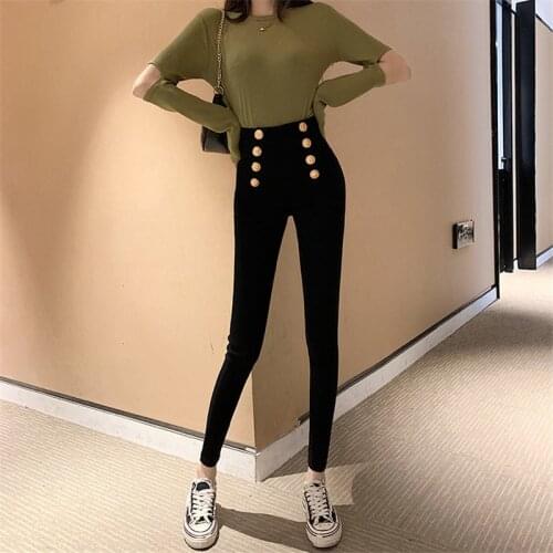 Real shot 2020 spring new black double-breasted leggings irregular stretch pants womens casual high waist was thin pencil pants