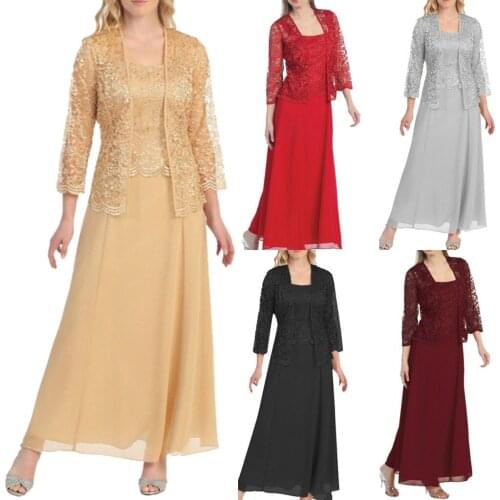 Womens New Elegant Fashion Seven-Point Sleeve Doll Collar Lace Cardigan + Chiffon Long Skirt Pleated Skirt Dress Two-Piece Set