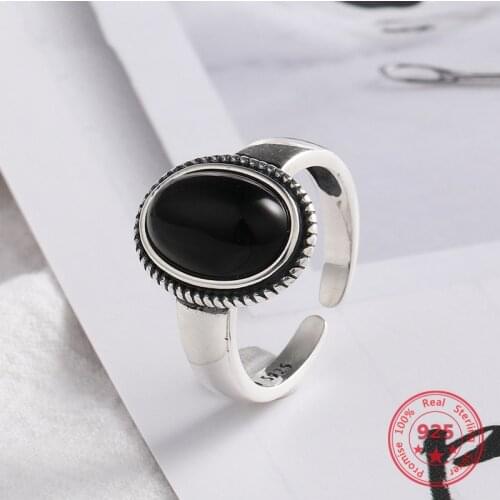 Korea Hot Style 925 Sterling Silver Simple Retro Concise Big Black Agate Open Ring Women Jewelry