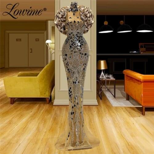Lowime Crystals Evening Gowns For Women Luxury Beaded Illusion Party Dress For Weddings Dubai Arabic Mermaid Prom Dresses Robes